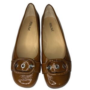Perlina Kay Patent Leather Wedge Heel Shoes Womens 9M Brown Buckle Round Toe